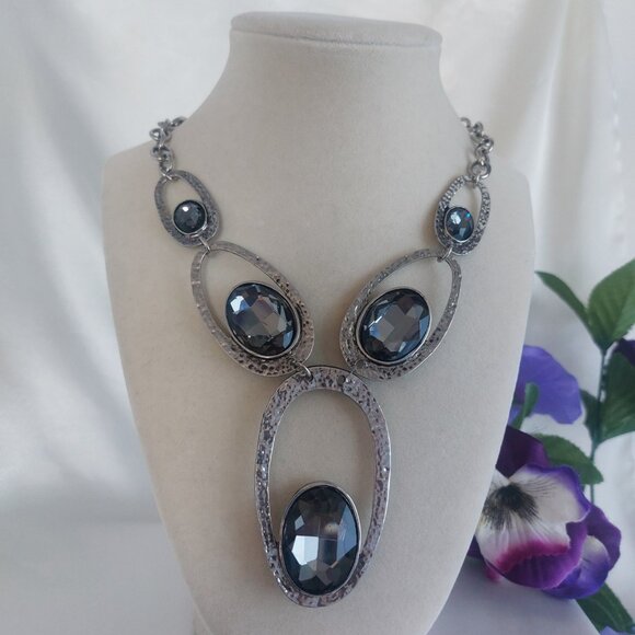 Large Silver Oval Links Metal Necklace Edgy Shiny Black Stone Faceted Statement - Picture 4 of 6